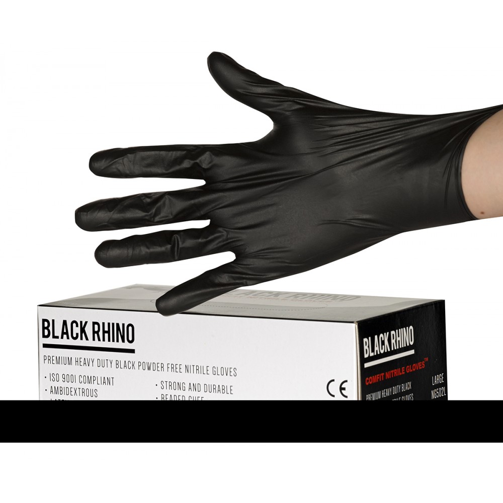 Image for Rhino NG502FL Comfit Heavy Duty Nitrile Powder Free Gloves Large Black Pk100