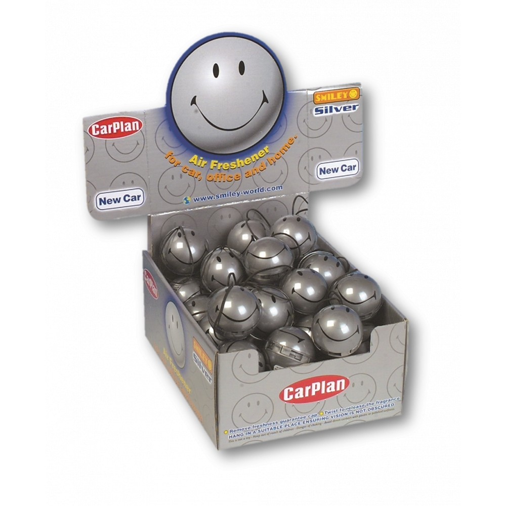 Image for CarPlan AIR156 Smiley Faces Silver 3D Car Air fresheners 36 Piece Counter Display Unit New Car