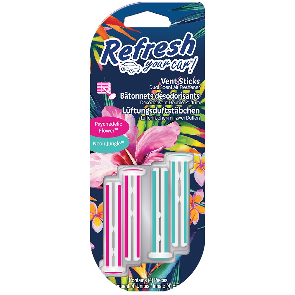 Image for Refresh Your Car 301411400 Air freshener Vent Stick 4 Pack Psychedelic Flower/Neon Jungle